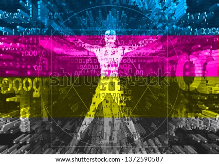

Vitruvian man in explosion of computer data and print colors stripes. 
Futuristic expressive Illustration of vitruvian man with a binary codes symbolized digital age. Concept for digital print and g Stok fotoğraf © 