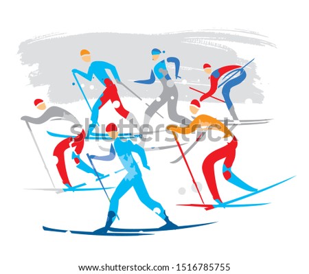 Nordic ski race, crosscountry skiers. 
A expressive stylized drawing of cross-country ski competitors. Vector available.