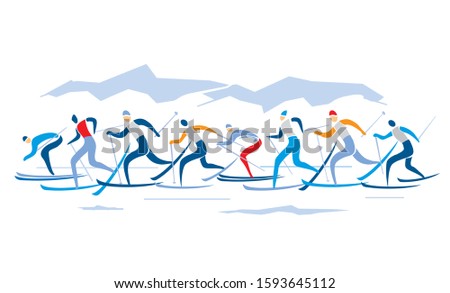 Cross-country skiing competition. Illustration of nordic skiing competitors with mountains on background. Vector available.