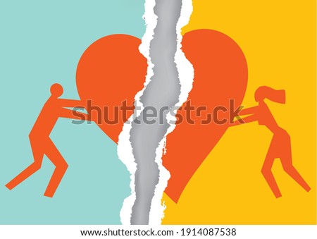 Happy Couple connecting torn hearts, after reconciliation.
Torn paper with man and woman silhouettes and broken heart icon symbolizing  renewal of the relationship. Vector available.