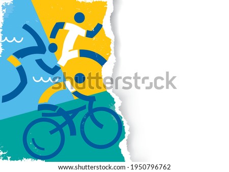 

Triathlon race icons on grunge stylized torn paper background. 
Illustration of Three triathlon athletes.Banner template.Place for your text or image. Vector availabl