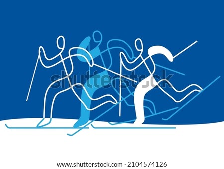 Cross-country skiing.
llustration of nordic skiing competitorson blue background. Continuous line drawing design. Vector available.