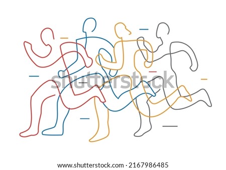 

Running race, line art stylized.
Illustration of group of running racers. Continuous line drawing design. Isolated on white background. Vector available..