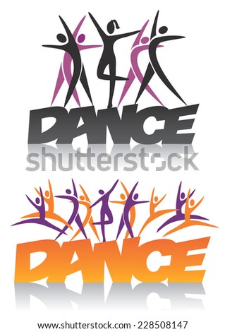 Words Dance with dance group. Word dance with silhouettes of dancers. Vector illustration.