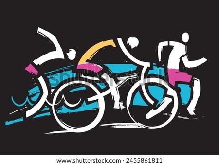 

Triathlon race,  runner, swimmer, cyclist,  expressive stylized. 
Three triathlon athletes on the black background. Vector available.	