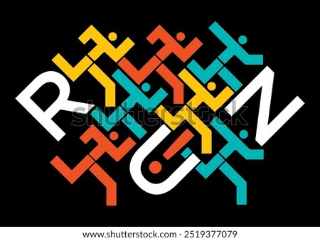 Joggers, running race, word run.
Illustration of runners symbol with run lettering on black background. Vector available.