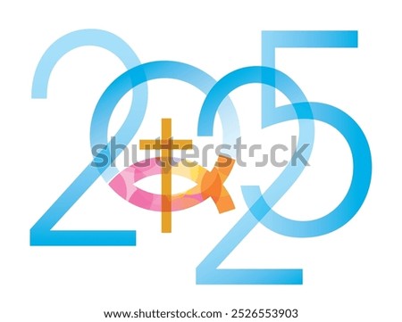 Jesus fish symbol, new year date. 
2025 new year with Jesus fish symbol with cross. Isolated on white background. Vector available.