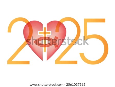 

Jesus fish symbol inside a heart symbol, new year 2025. Christianity fish symbol with cross. Yellow inscription 2025.
 Isolated on white background. Vector available.