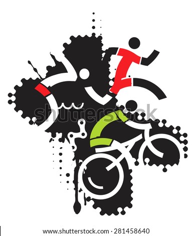 Extreme sport triathlon.
Three icons symbolizing triathlon on the grunge background . Suitable for printing T-shirts. Vector illustration.
