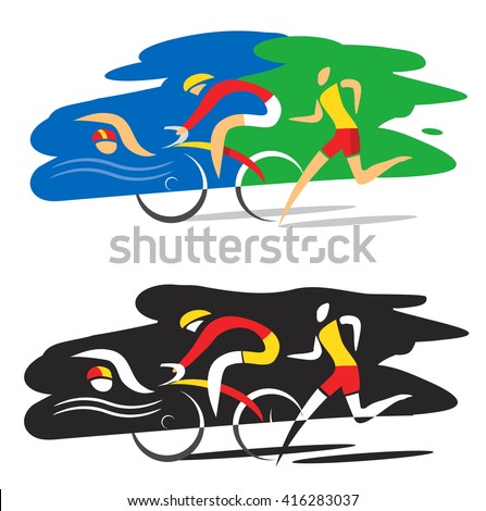 Triathlon race. 
Three triathlon athletes on the colorful and black background. Vector available. 
