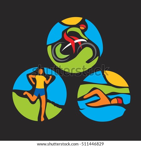 Triathlon race icons.
Stylized colorful  drawing of Three triathlon athletes on the black background. Vector available.