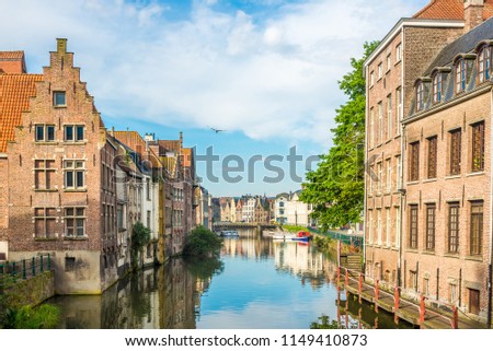 Image, Stock Photo Leie river bank in Ghent, Belgium, Europe.