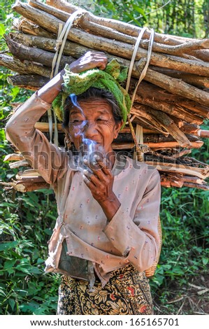 INDEIN, MYANMAR - NOVEMBER 19,2009 - Woman carrying wood .A large number of women in Myanmar smoke cigars.