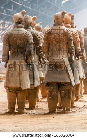 XI AN, CHINA - MAY 3,2012 - Terracotta Army inside the Qin Shi Huang Mausoleum, 3rd century BCE.