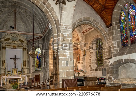 MONT SAINT-MICHEL, FRANCE - AUGUST 24,2014 - Inside church of Mont Saint-Michele.The island has held strategic fortifications since ancient times.