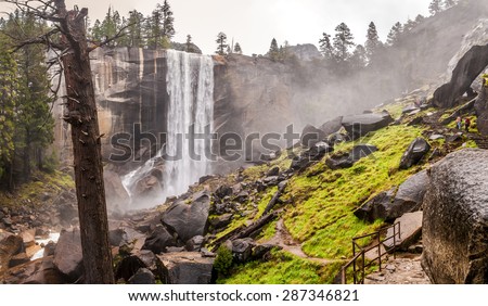 YOSEMITE, USA - MAY 21,2015 - The Mist Trail is one of the most popular short hikes in Yosemite National Park, California.View at the Vernal Fall.