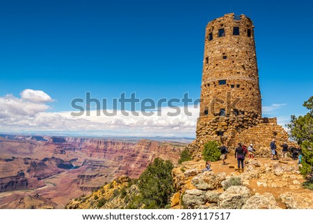GRAND CANYON, USA - MAY 25,2015 - Desert View Watchtower, also known as the Indian Watchtower at Desert View, is a 21 m high stone building located on the South Rim of the Grand Canyon.