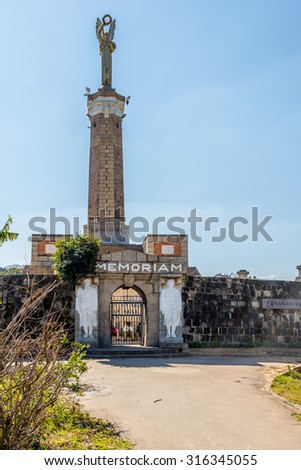 ANTANANARIVO,MADAGASCAR - AUGUST 08,2015 - Memorial to those fallen in the first world war, the Monument aux Morts at the Anosy lake. Antananarivo is the capital and largest city in Madagascar.