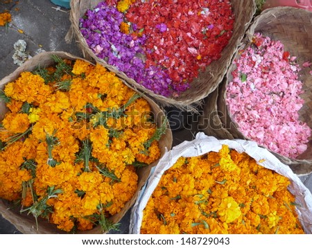 Flower petals for religious offering on sale at Ubud market in Bali, Indonesia