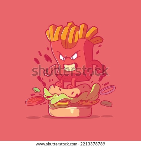 French fries smashing a burger vector illustration. Food, brand, mascot design concept.