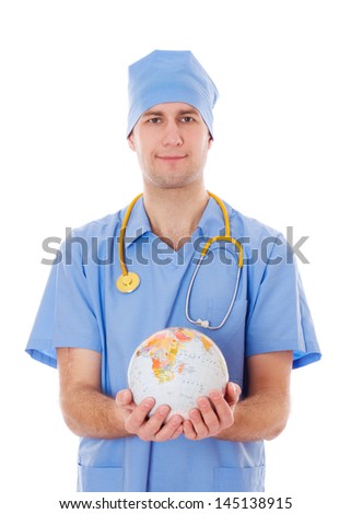 Male doctor holds planet earth in his hands, isolated on white.
