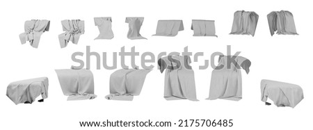 3D rendering of isolated blanket across sofa in several views. Isolated blankets in grey color on white background. Fabric texture. Cloth textile. Bedding object. Stockfoto © 