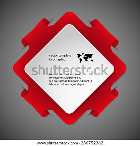 Red Illustration infographic with shape of square with rounded corners and with four folded overlapped parts which ends in pockets in background. In front is next white paper square. 