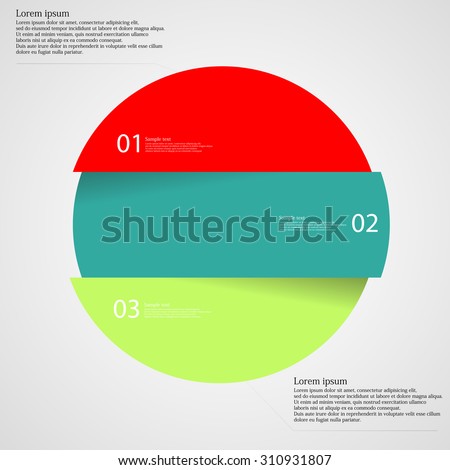 Illustration infographic with motif of colorful circle which is divided cut to three parts with unique number, color and space for own customer text. Background is light.