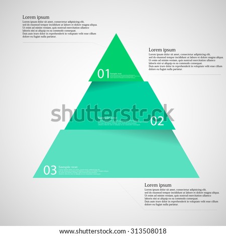 Illustration infographic with motif of green blue triangle divided/cut to three parts with small shadow. Each part contains unique number and space for own text or other purposes.