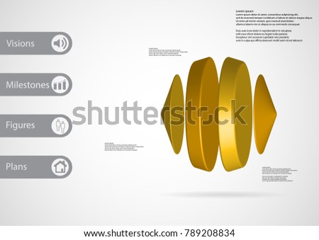 3D illustration infographic template with motif of two cones and two cylinders between vertically arranged with yellow color with simple sign and sample text on side in bars.