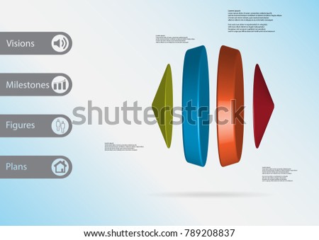3D illustration infographic template with motif of two cones and two cylinders between vertically arranged with various colors with simple sign and sample text on side in bars.