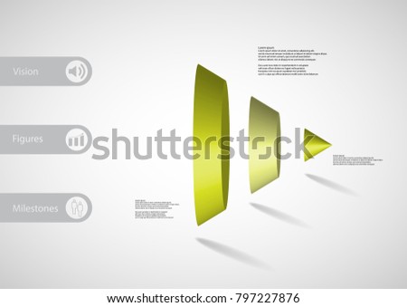 3D illustration infographic template with motif of round cone vertically divided to three green parts with simple sign and sample text on side in bars. Light grey gradient is used as background.