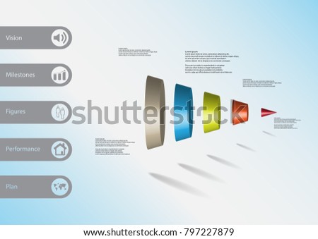 3D illustration infographic template with motif of round cone vertically divided to five color parts with simple sign and sample text on side in bars. Light blue gradient is used as background.