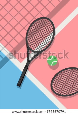 Cute pastel colors concept tennis rackets and tennis balls on court floor