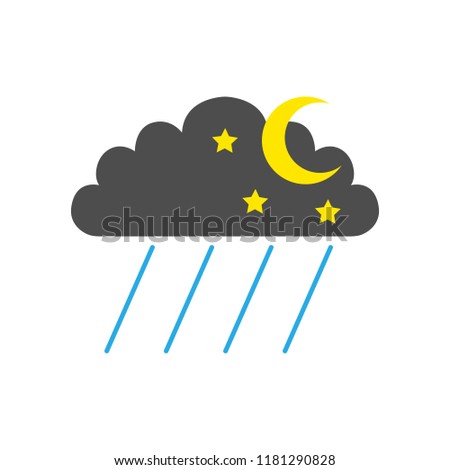 NIGHT RAINFALL symbol. CLOUD, HALF MOON, STARS and RAIN. Weather forecast icon. Vector.