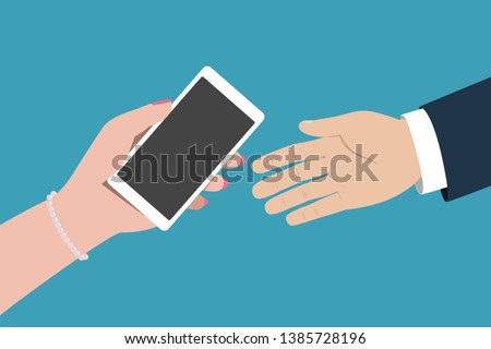 Woman hand over smartphone to man. Vector illustration.