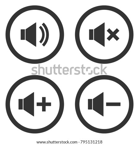 Sound volume control buttons set. Mute, unmute, quieter, louder icons in circle. Vector.