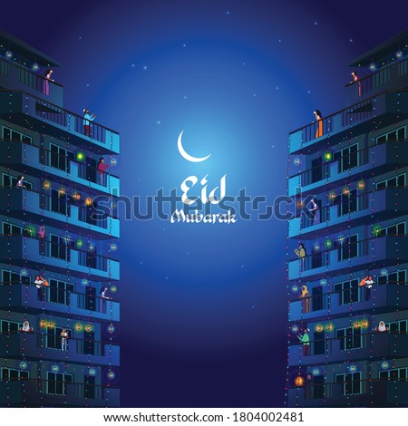 Social distancing during Islamic festival Eid, Celebrating Eid from balcony, Vector