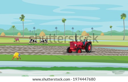 Illustration of a Tractor in agricultural field, farmers are working in farming land, vector