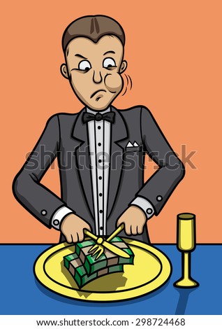 Lunch of the rich man. Illustration an aristocracy businessman. He is eating bundles of money.