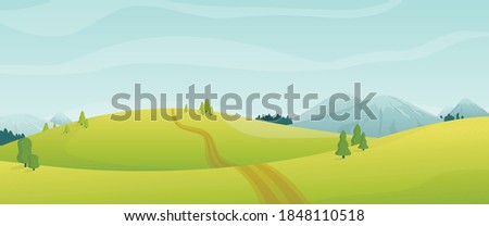 Cartoon panoramic view of summer day nature. Mountains, fields and hills with snow-capped peaks, trees, firs. A path leading off into the distance.