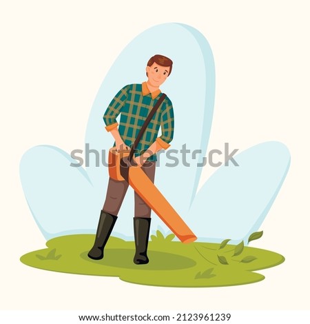 Vector male gardener worker with electric blower.