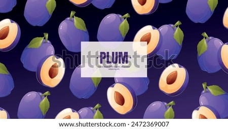 Vector advertising flyer template with cartoon plum pattern. Tropical fruit exotic banner.