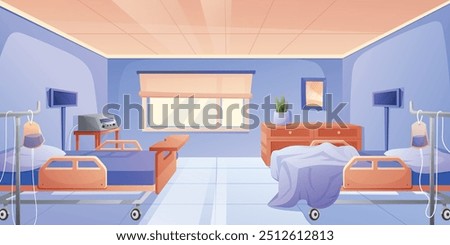 Hospital ward interior with patient beds, equipment and window. Vector cartoon horizontal illustration of room design. Suitable for game background.