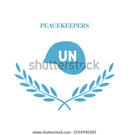international non-UN peacekeepers day, vector illustration, flat silhouette, blue, white, hard hat, olive branch, text banner, poster, logo, soldiers, nations, united