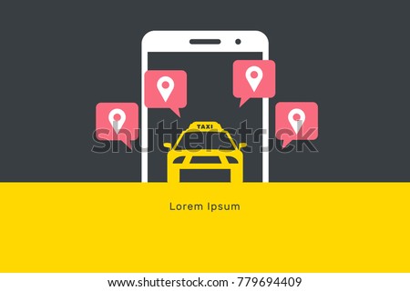 Taxi online illustration, flat vector banner, smartphone and car with a label, delivery with customer's coordinates, call taxi, yellow, black, dark, white, red