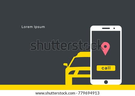 Taxi online illustration, flat banner vector, smartphone and car with order mark, text, call taxi, yellow, black, dark, white, red