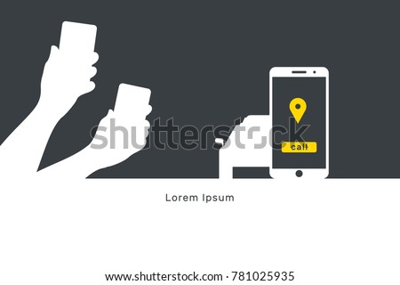 Taxi online illustration, flat vector banner, smartphone and car with a label, hands hold smartphones with order coordinates, call taxi, yellow, black, dark, white