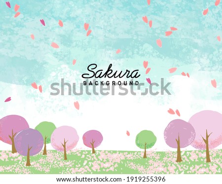Watercolor style cherry blossoms and meadow vector illustration background