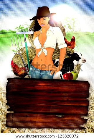 Country farm party poster background with sexy cowgirl